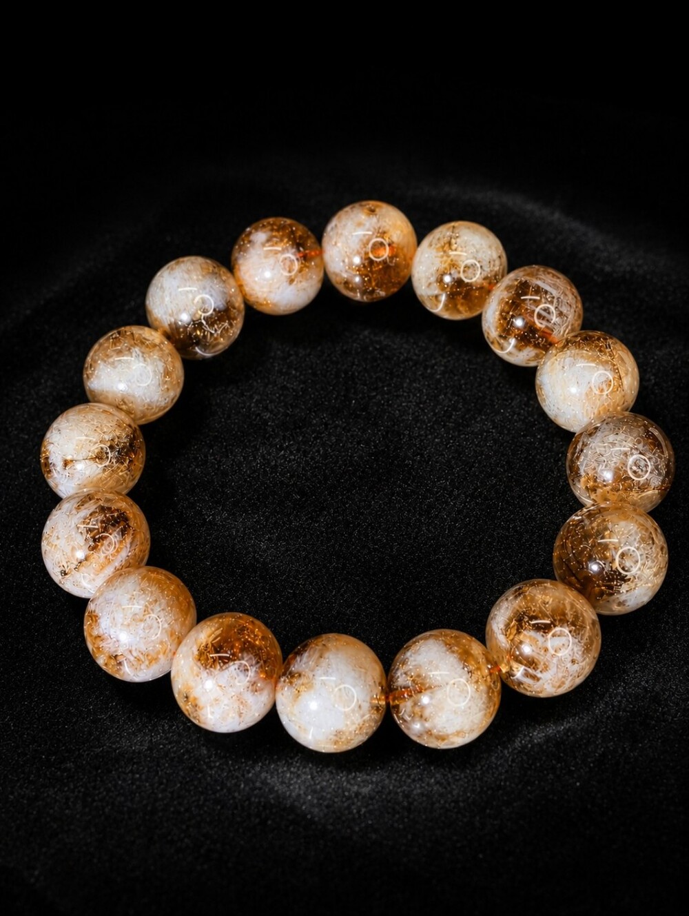Golden Feather Quartz Stretch Bracelet 13.5mm Beads Size 7